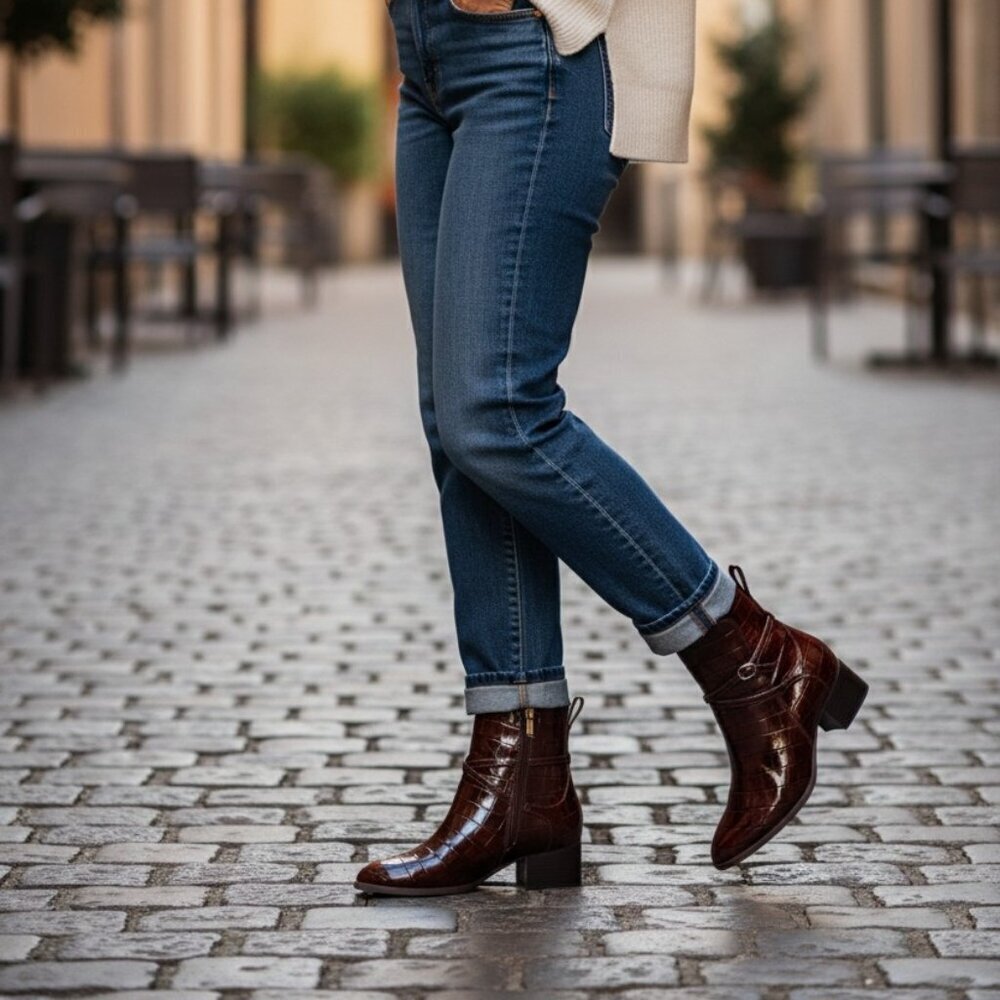 Anne Klein Makanda Ankle Boots Brown Croc Women's Size 9 Strappy Booties iFlex